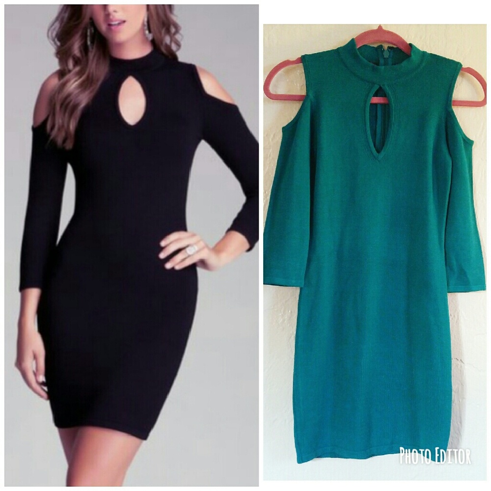 Bebe Teal Cold Shoulder Keyhole Neck Sweater Dress